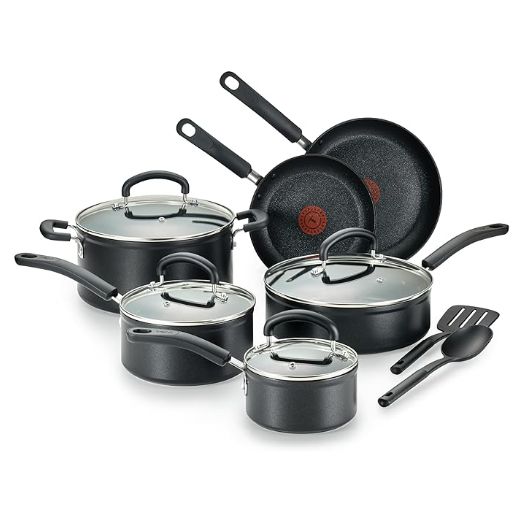 T-fal Advanced Nonstick Cookware Set 12 Piece, Oven Broiler Safe 350F, Kitchen Cooking Set W/ Fry Pans, Saucepans, Deep Saute, Dutch Oven & Kitchen Utensils, Pots and Pans, Dishwasher Safe, Black