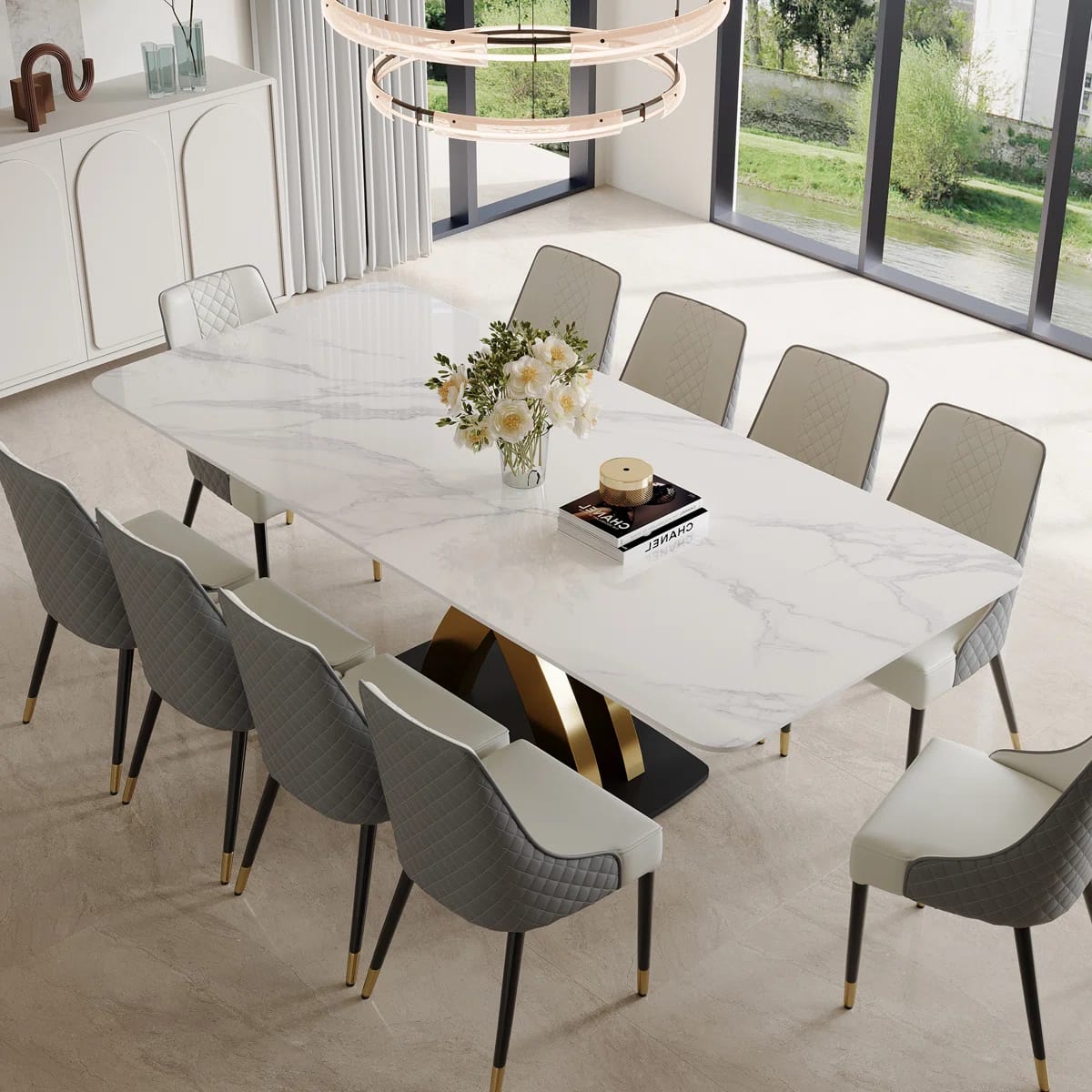 Dashon Modern Rectangular Sintered Stone Dining Table with Gold Stainless Steel Base