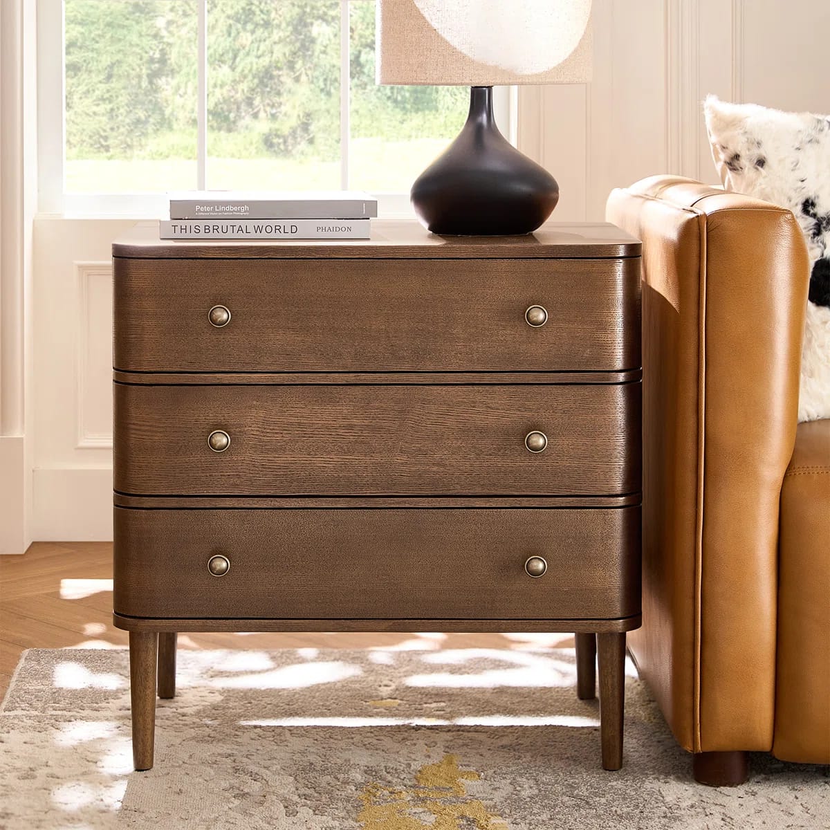 Cridford Modern 26"W 3-Drawer Nightstand And Curved Body With Solid Wood Legs Built-In Outlet