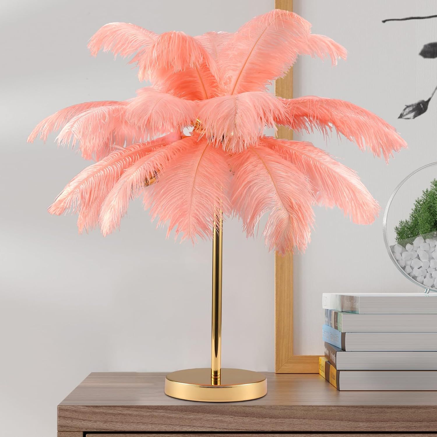 MAYOLA Modern Ostrich Feather Table Lamp with Plug in Wire,3-Light Bedside Floor Lamp for Living Room, Bedroom and Office 24” Tall Feather Desk Lamp (Pink, Table Lamp-Metal)