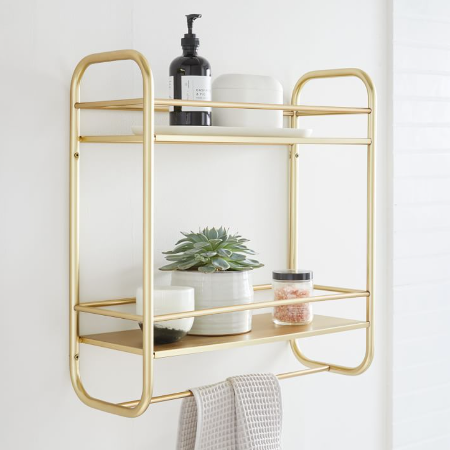 Deco Curve Metal Wall Shelf, Double, Antique Brass, Metal, 20"X22"