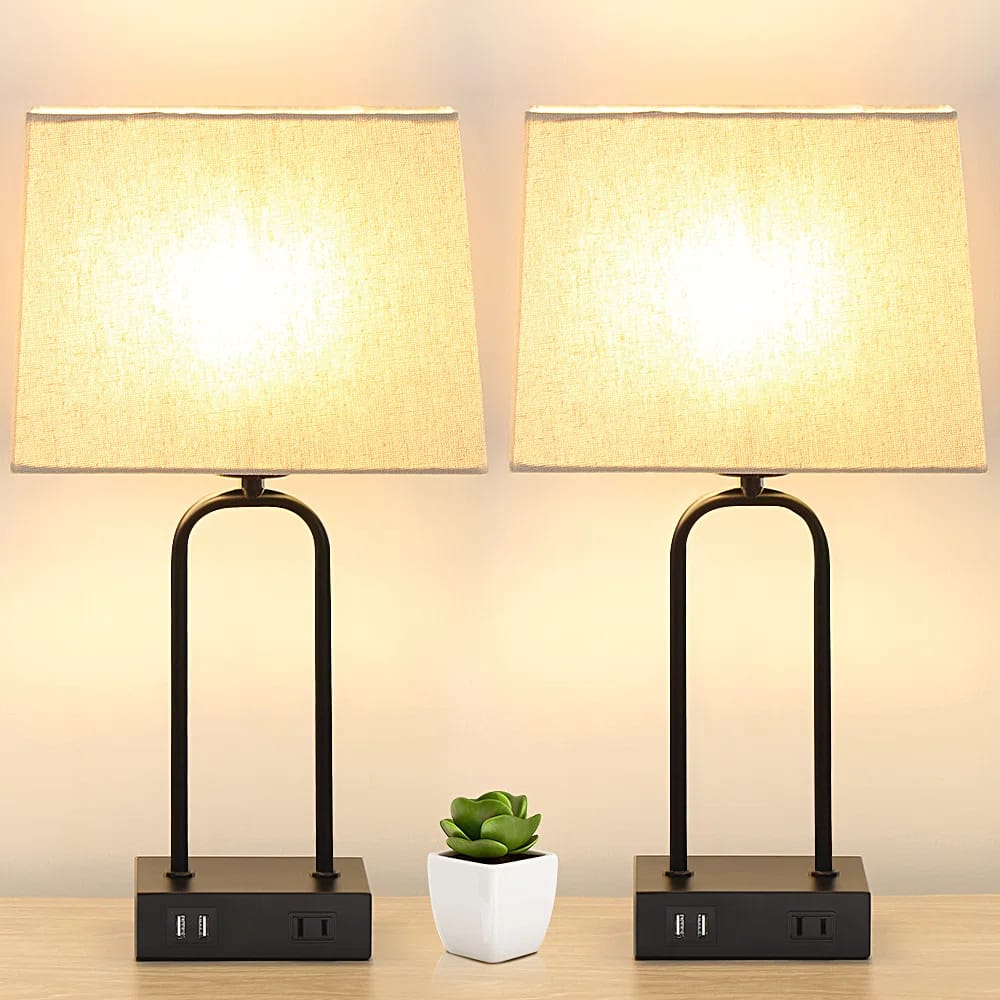 Jaira 18 In. Black Metal Table Lamp Set with Dual USB Ports And Built-In Outlet (Set Of 2)
