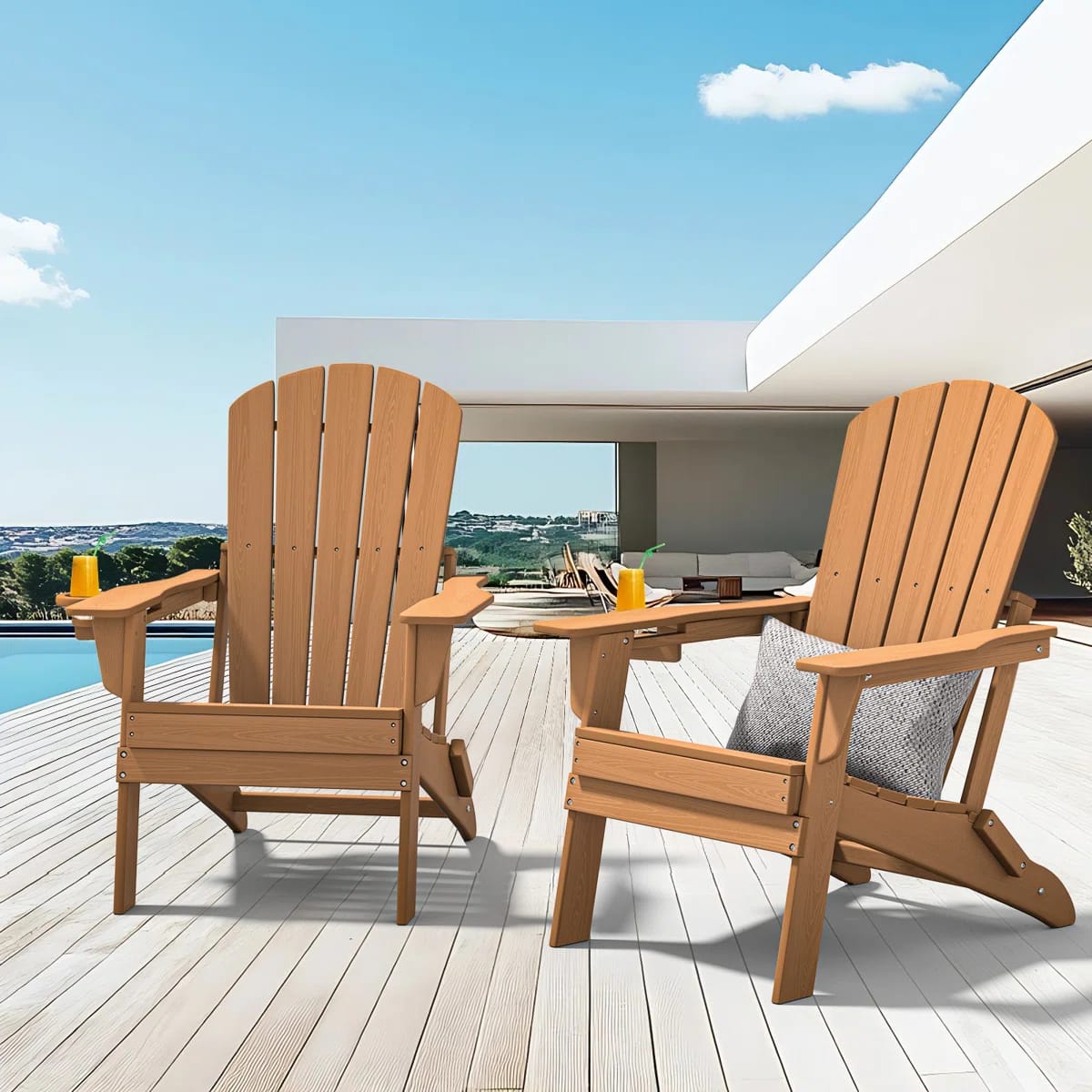 Set of 2 Folding Adirondack Chairs, Wood Texture, Cup Holder, All-Weather HDPE