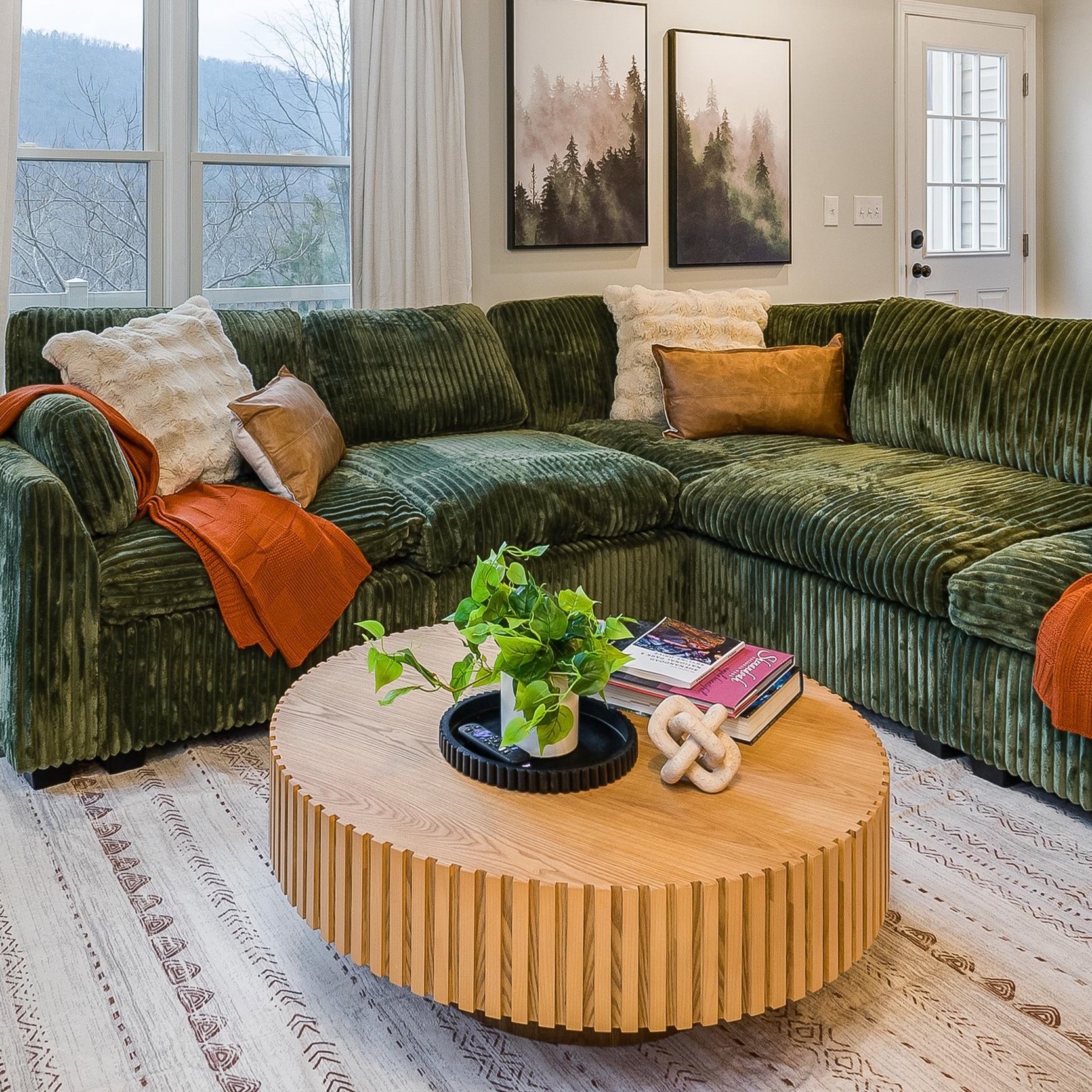 Chibuzor Pedestal Round Coffee Table, Handcrafted Solid Wood Fluted Design