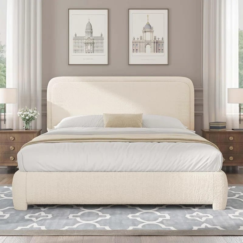 Boucle Upholstered Bed Frame Soft Rounded Corners Headboard Low Profile Bed Frame No Box Spring Needed