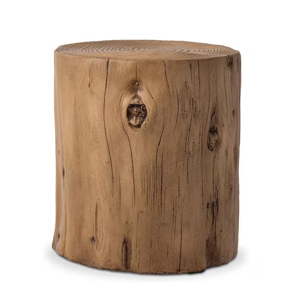 Outdoor End Side Table Light Oak Colored Faux Wood Hand-Painted Wood Stump Stool, Ottoman or Plant Stand, Deck or Garden