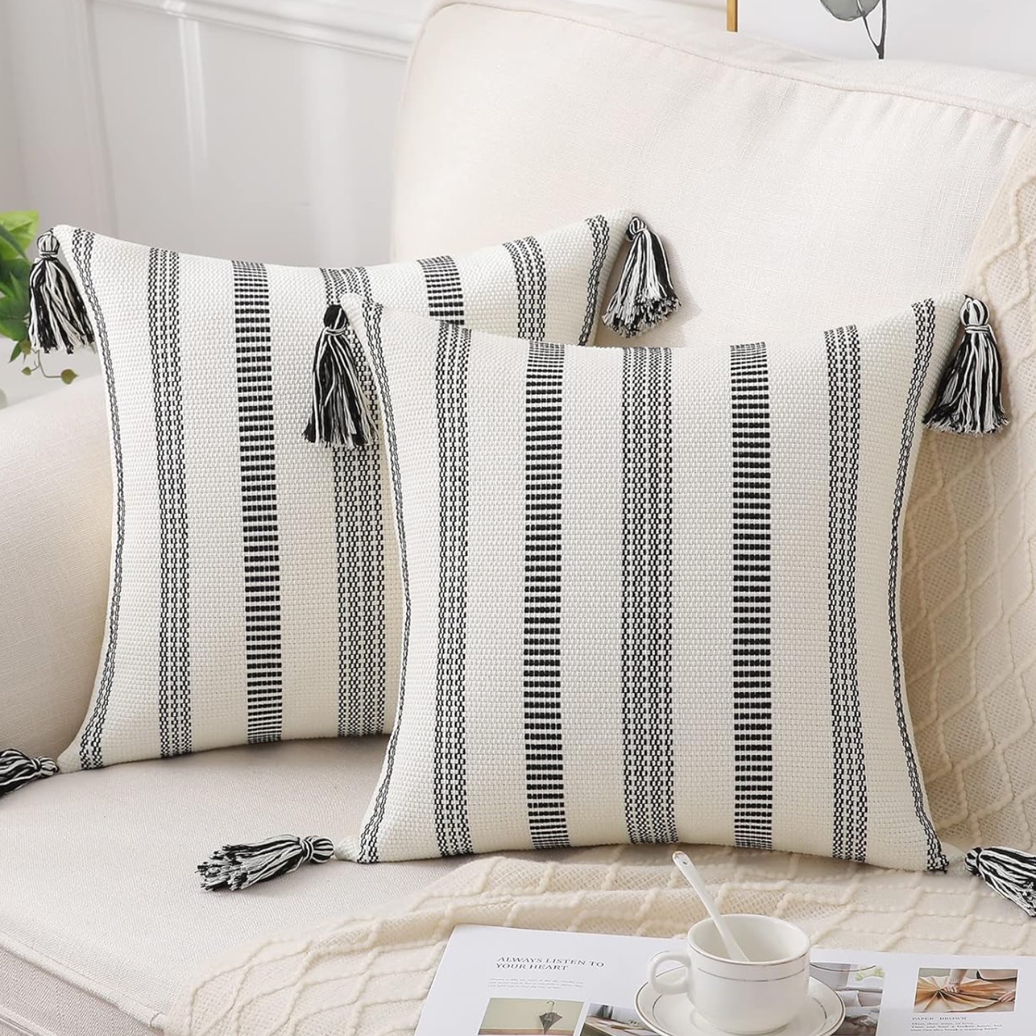Boho Outdoor Throw Pillow Covers Set of 2, Decorative Woven Striped Pillow Covers with Tassels for Couch Bed Sofa, 18x18 Inch, Black and Cream White