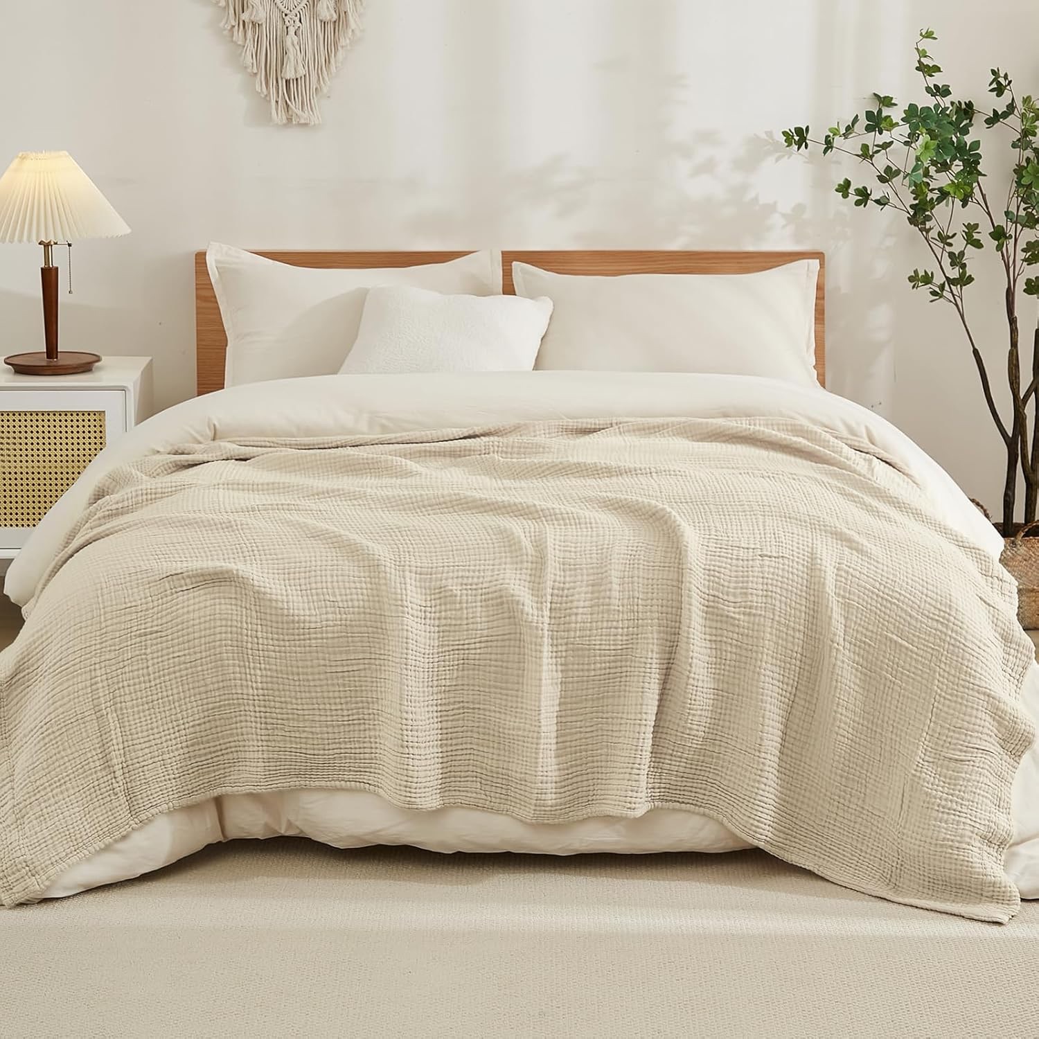 Cotton Blanket King Size for Bed Soft Muslin Blankets 108"x90" Lightweight Breathable Layering Blanket Bedspread Coverlet All Season Gauze Blanket, Light Tan