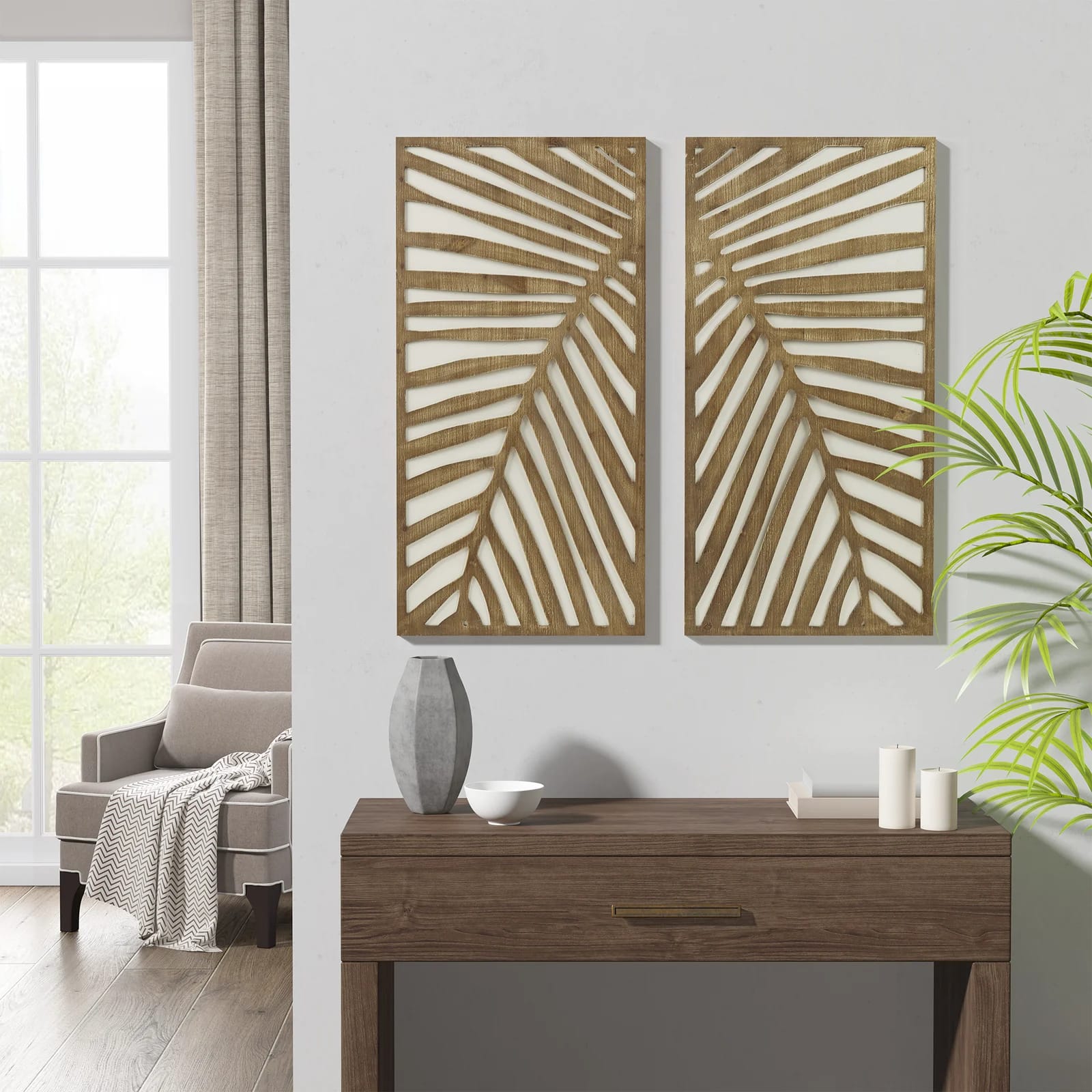 Birch Palms Two-tone Wood Panel Wall Décor (Set of 2)