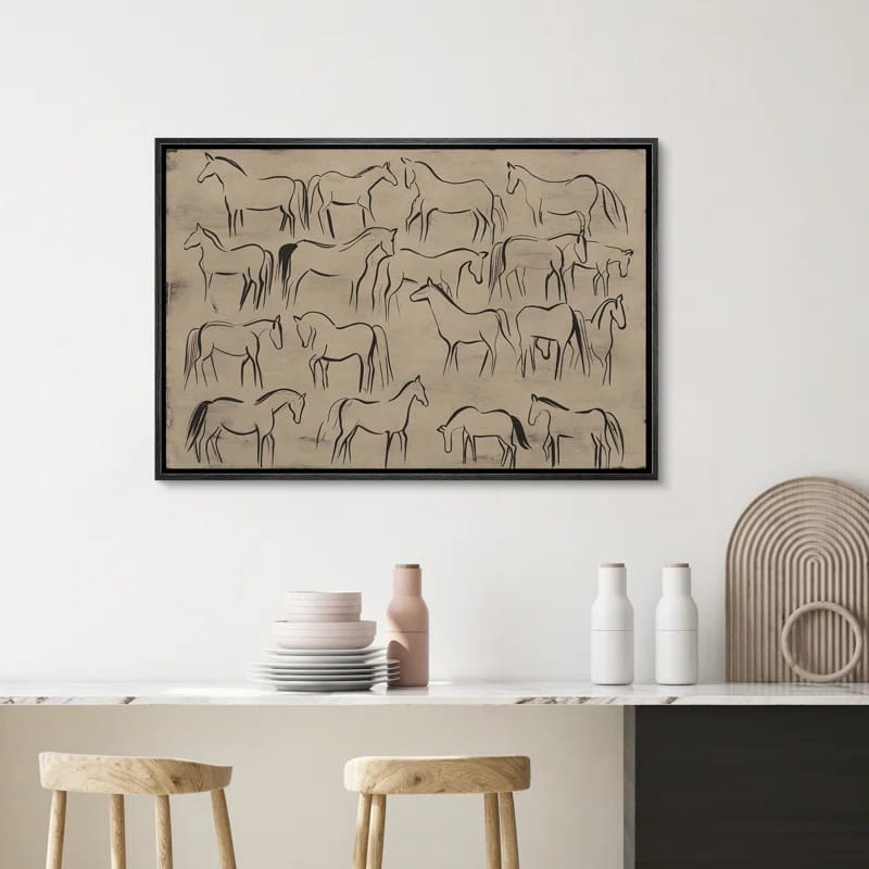 Galloping Herd of Horses Vintage Sketch Art Abstract Beige Neutral Decor Minimalist Modern Wall Art