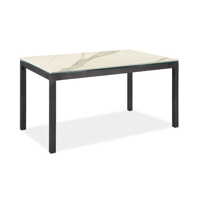 Parsons Table, 60w x 30d, marbled white ceramic top, natural steel 2" base
