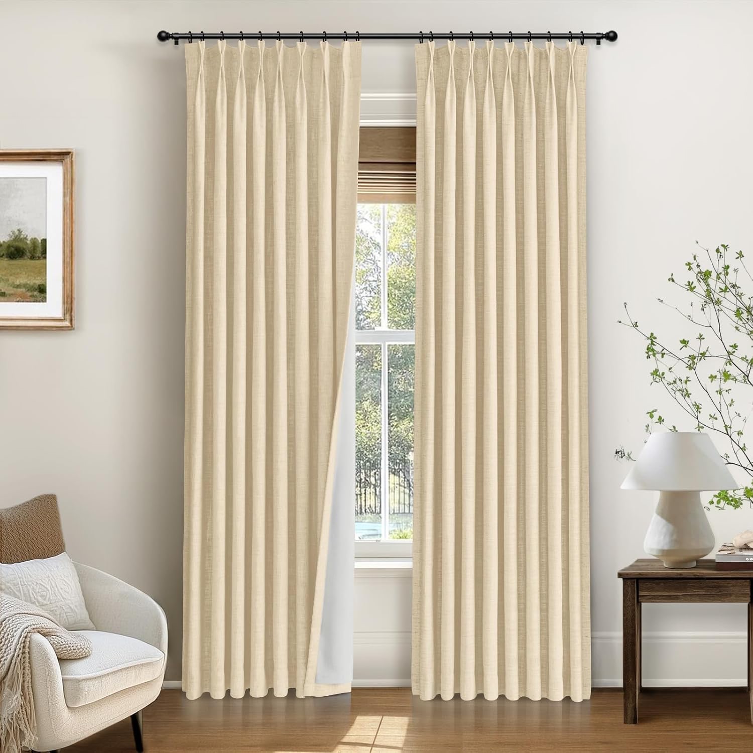 Linen Pinch Pleated Blackout Curtain Drapes - Sand Beige