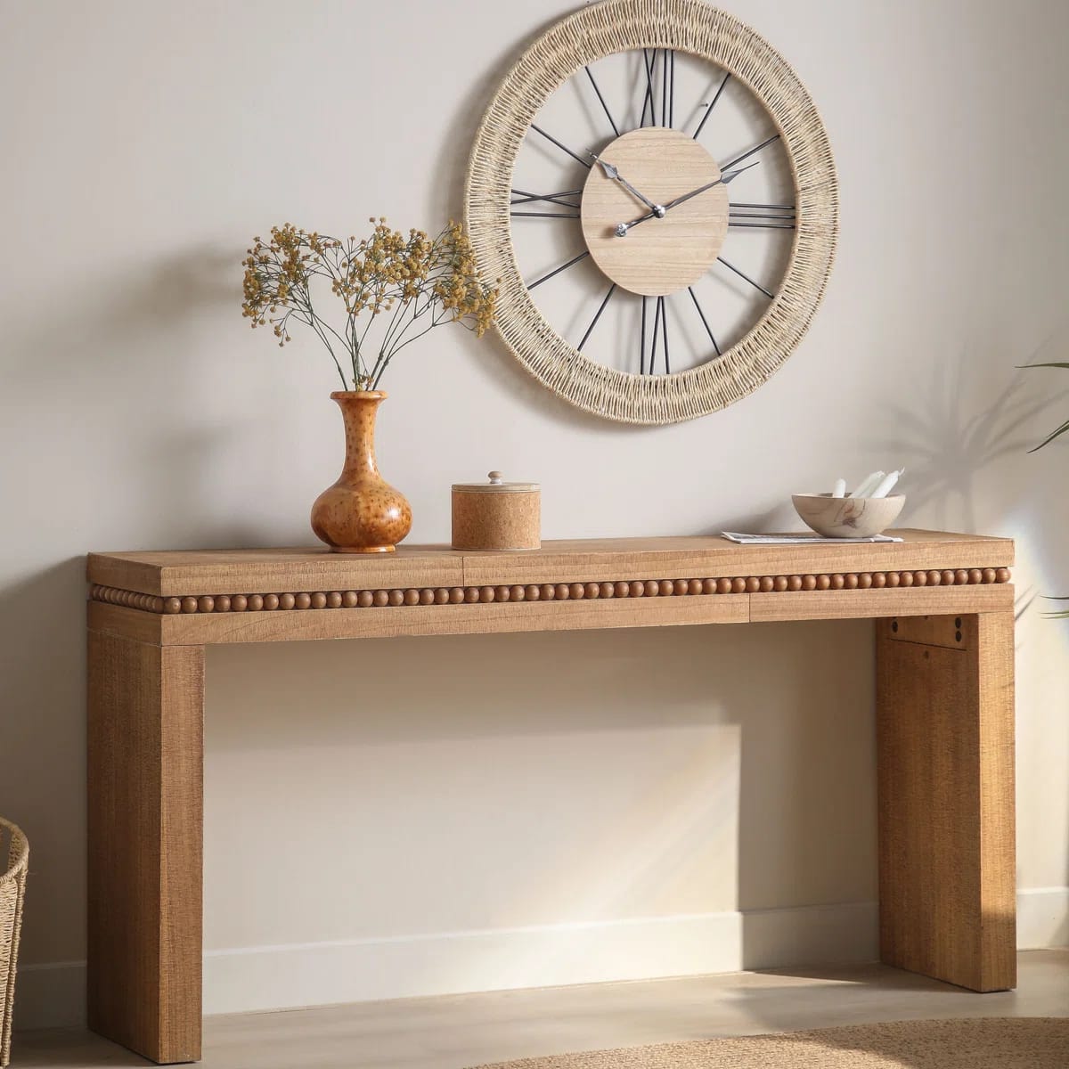 64" Wooden Console Table Decorated With Wooden Balls