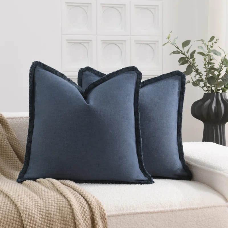 Cozy Soft Washed Linen Textured Boho Farmhouse Pillow Cover With Tassels Edge (Set of 2)