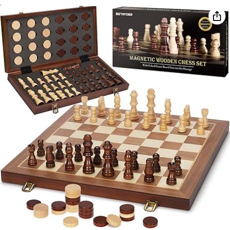 2 in 1 Magnetic Wooden Chess and Checkers Board Game Set, 15" Folding Chess Boards with 2 Extra Queens, Portable Travel Chess Sets with Pieces Storage Slots, Beginner Chess Game Set for Kids, Adults