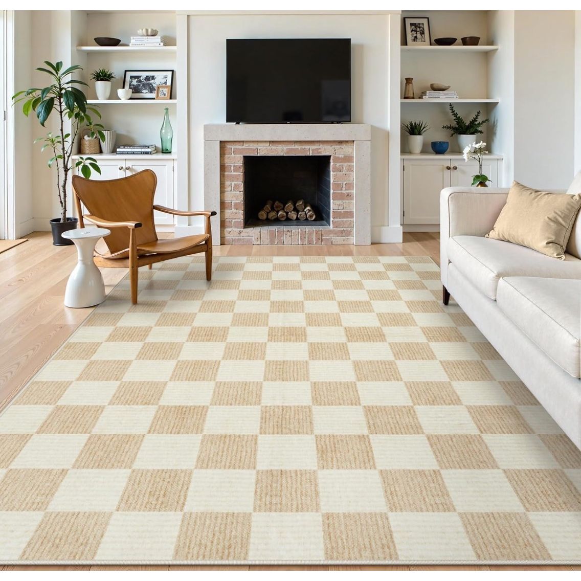 LIVEBOX 8x10 Area Rugs for Living Room, Checkered Non-Slip Washable Rugs, Farmhouse Neutral Classic Geometric Pattern Large Boys Area Rug for Bedroom, Carpet for Dining Room Office(Ivory,8'x10')