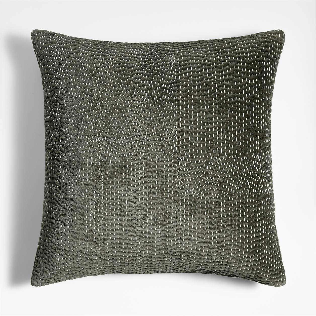 Sashiko Organic Cotton Velvet 20x20 Burnt Green Throw Pillow with Feather Insert