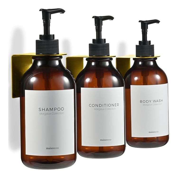 Maisonovo Shampoo And Conditioner Dispenser - Shower Soap Dispenser Wall Mounted - 16.9 Fl Oz Set Of 3 Amber Plastic Bottles Black Pump - 3 Chamber No Drill : Home & Kitchen