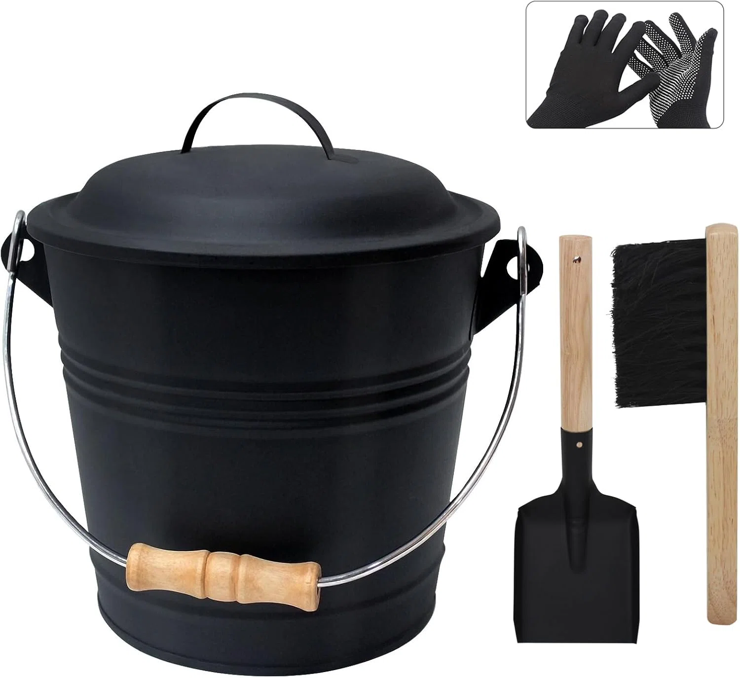 1.3 Gallon Ash Bucket with Lid, Shovel & Hand Broom – Bonus Gloves for Fireplace, Fire Pit, Wood Stove & Grill | Mess-Free Ash Collection