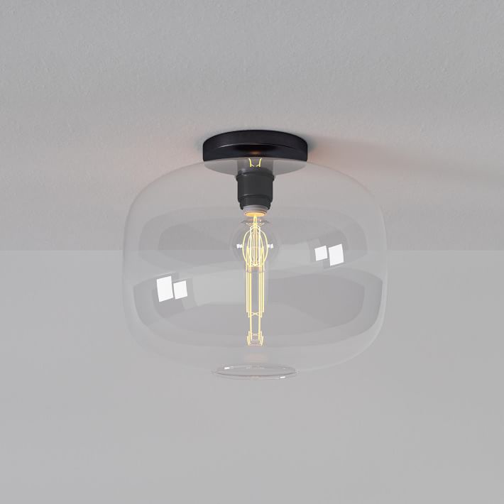 Sculptural Flushmount Matte Black Clear Glass Pebble (14")