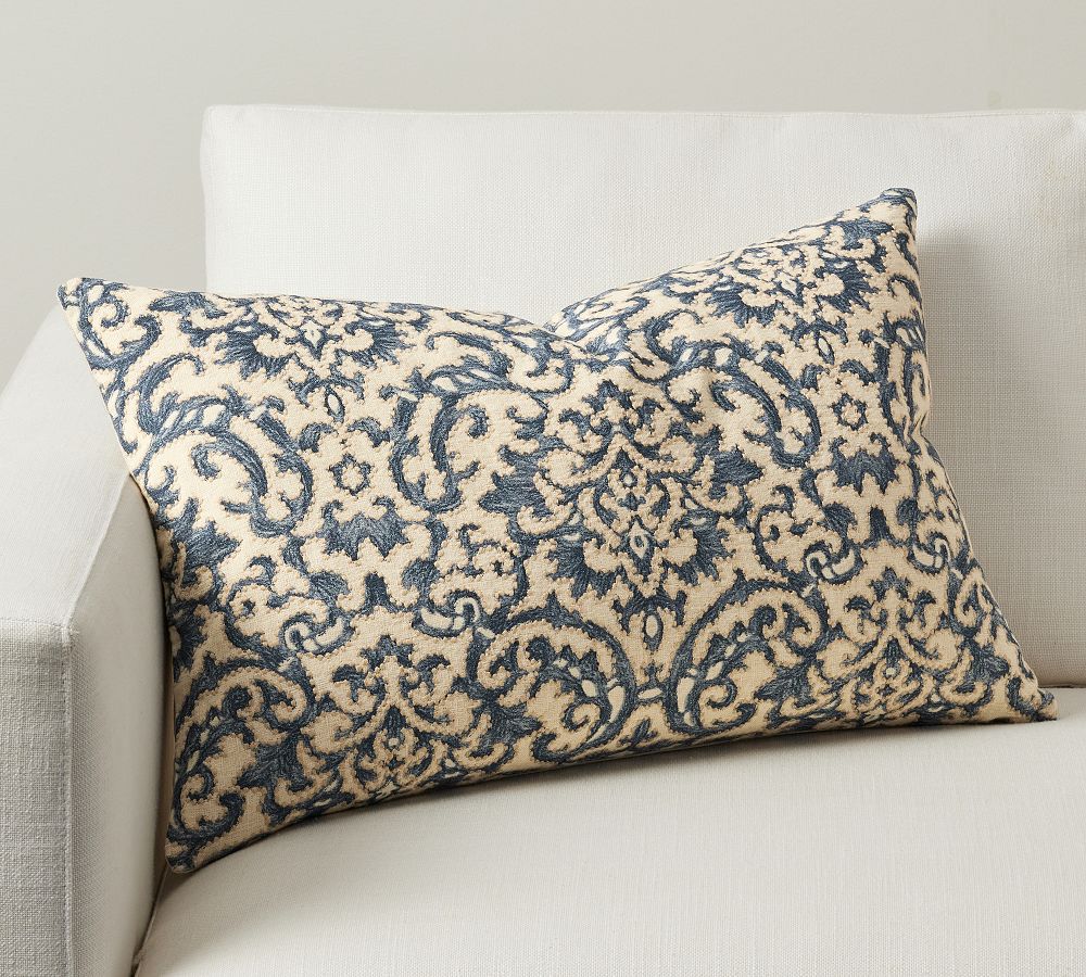 Reilley Embroidered Lumbar Pillow Cover, 16 X 26", Blue
