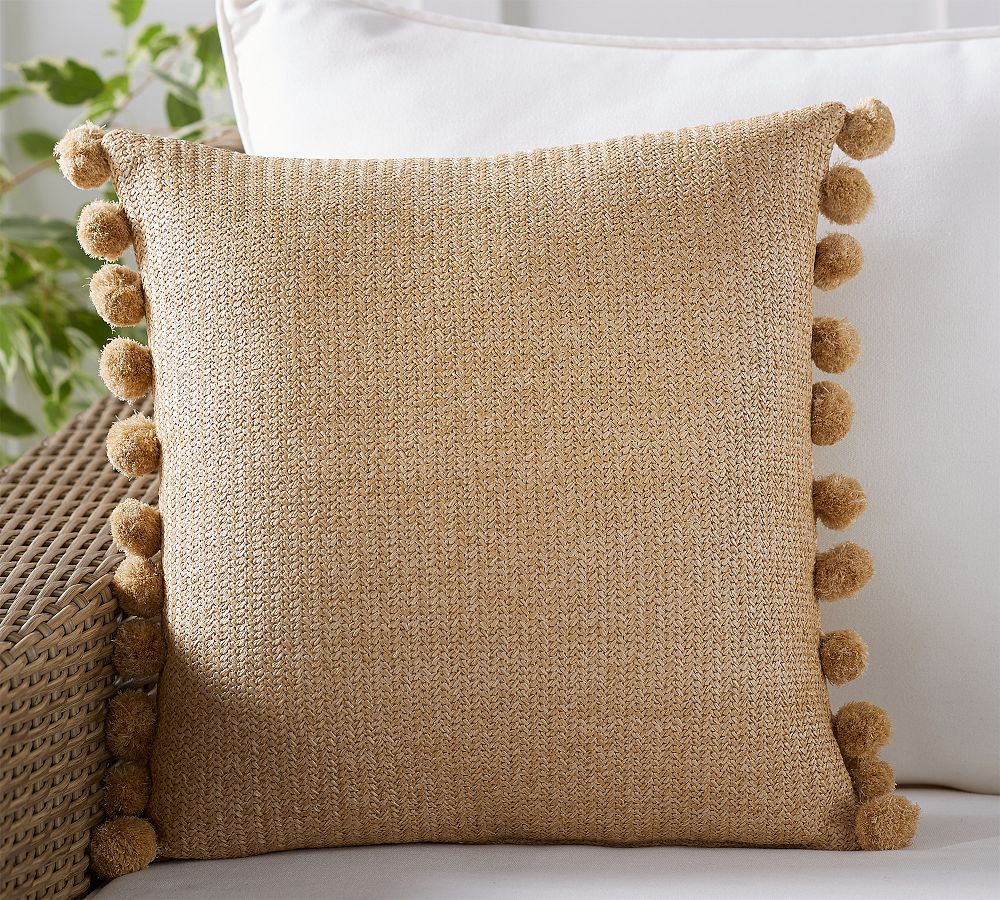 Faux Natural Fiber Pom Pom Outdoor Pillow, 18", Natural