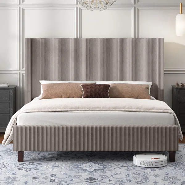 Wauseon Upholstered Bed, Corduroy/Solid Wood Leg/No Box Spring Needed/Noise Free