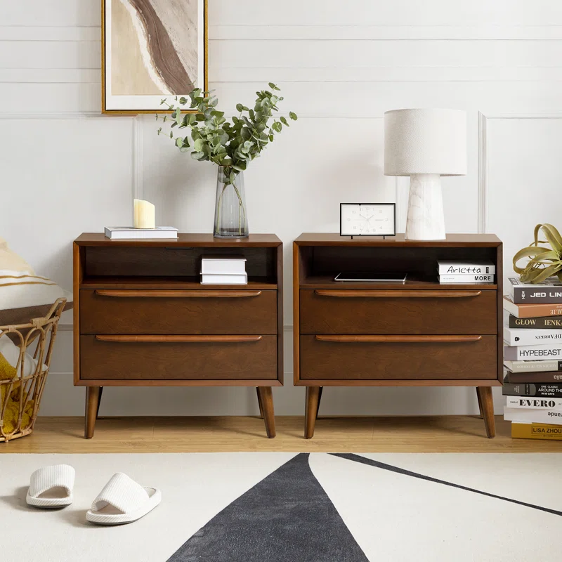 Aviannah Midcentury Modern 2 - Drawer Nightstand with Built-In Charging Station (Set of 2)