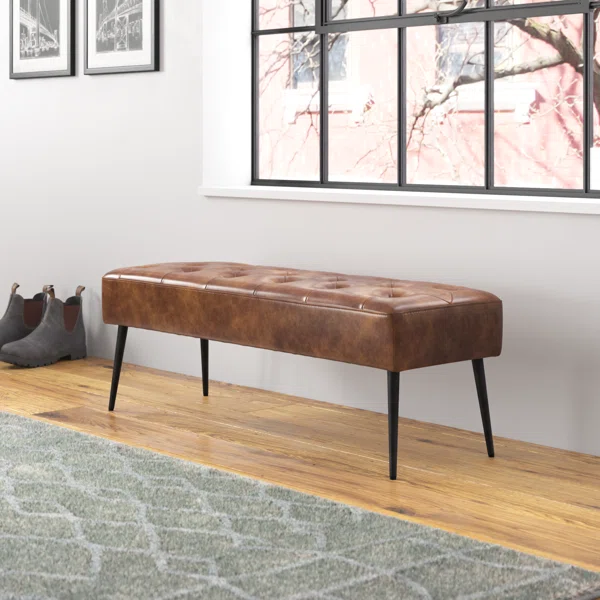 Mid-Century Modern Tufted Leather Bench, 44" Wide with Metal Legs