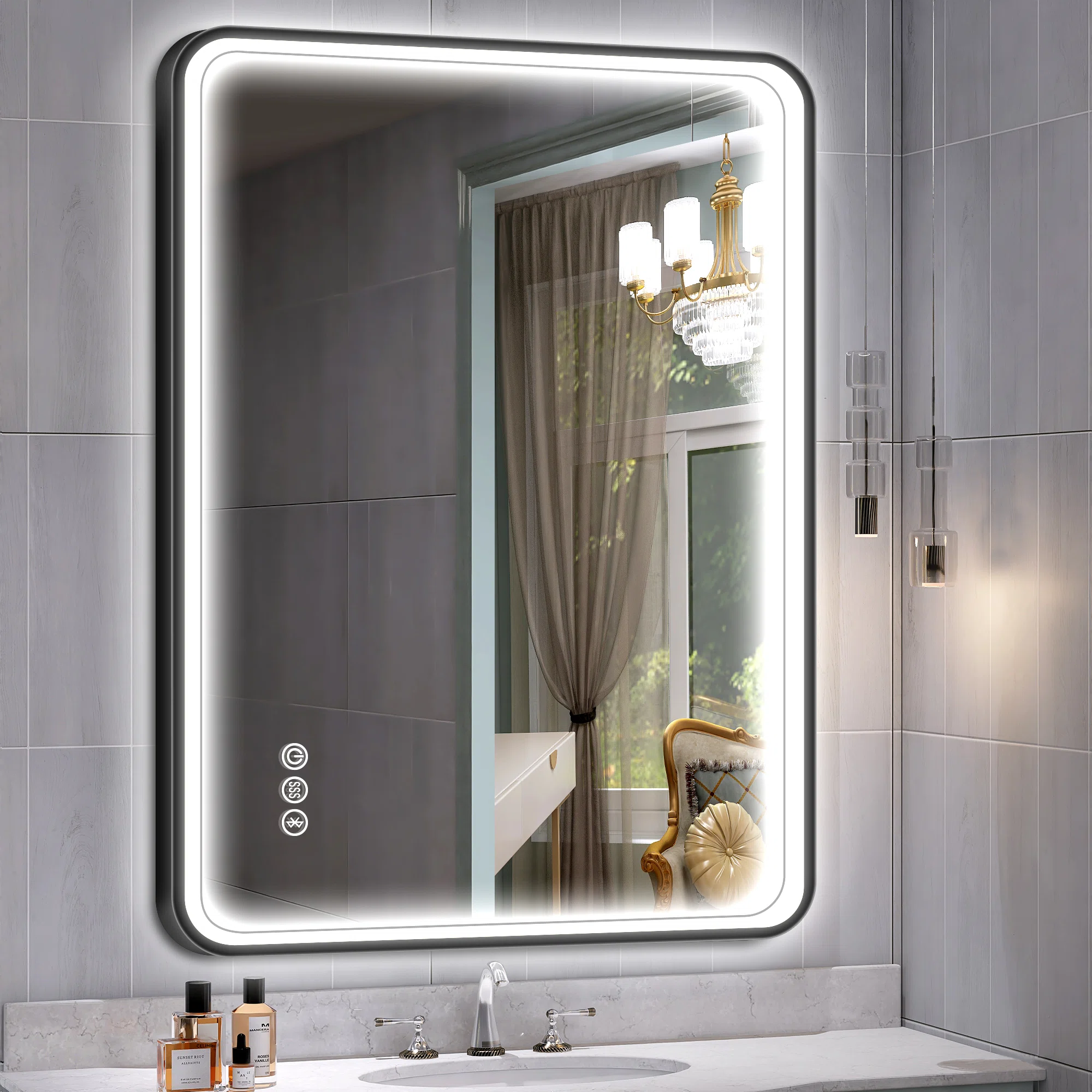 Bathroom Luxury: Chic Black Frame LED Vanity Mirror, Bluetooth, 3 Color Temperature Tempered Glass