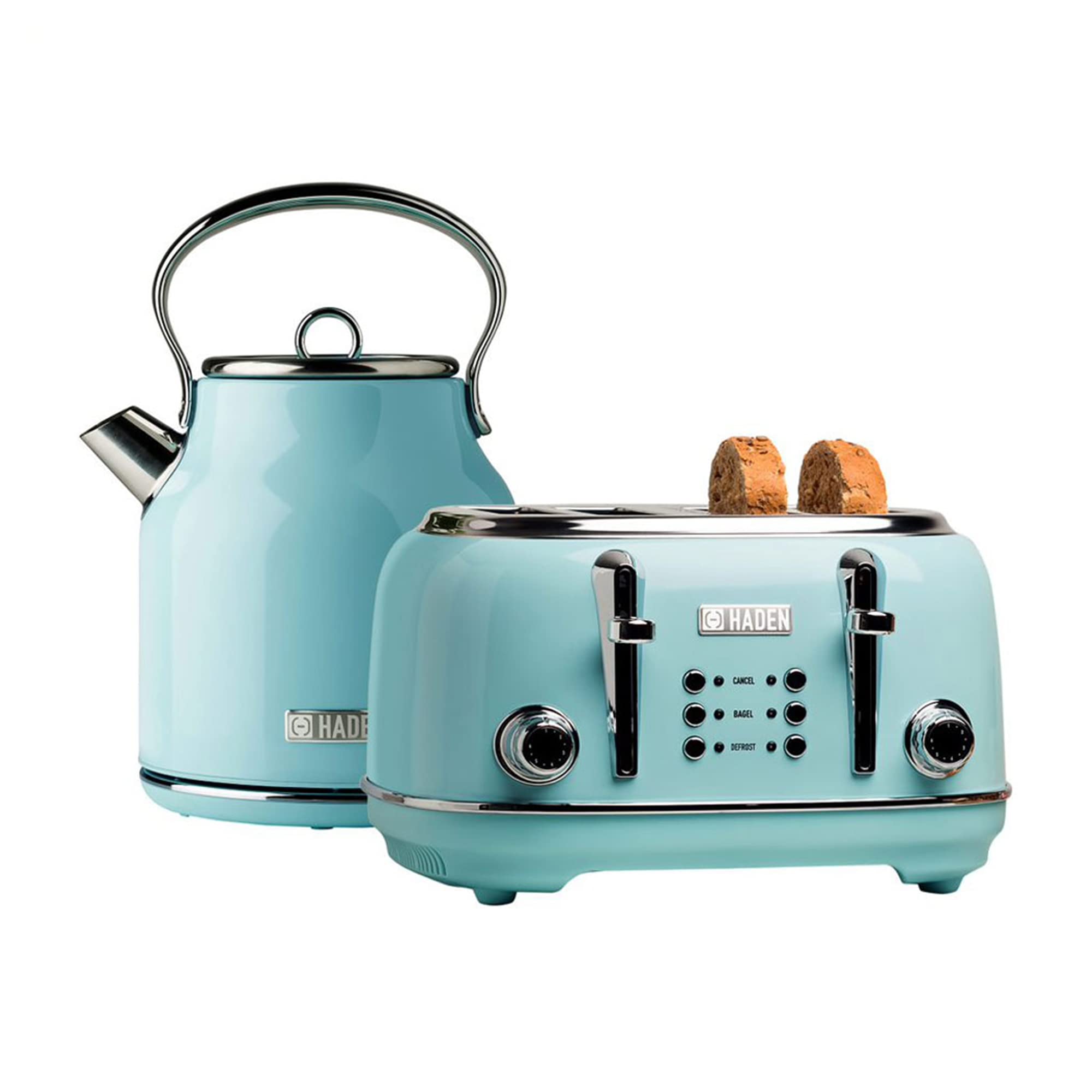 Haden Heritage 4 Slice Wide Slot Stainless Steel Body Retro Toaster And Heritage 1.7 Liter Stainless Steel Body Retro Electric Kettle, Turquoise: Home & Kitchen
