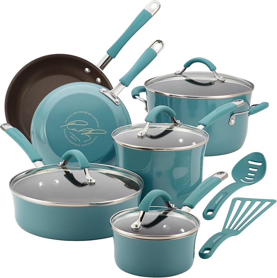 Rachael Ray Cucina Nonstick Cookware Pots And Pans Set, 12 Piece, Agave Blue