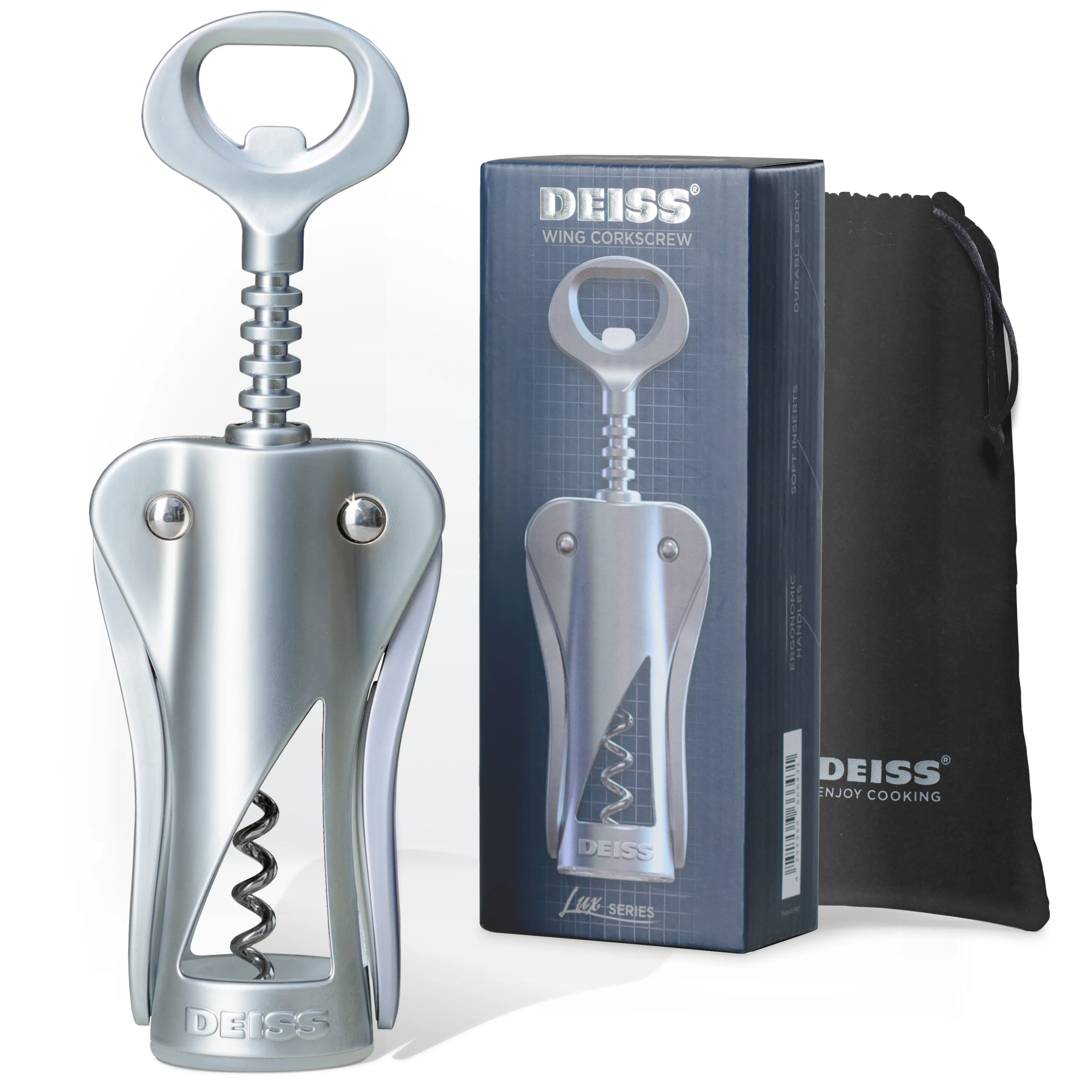 Deiss Lux Wine Opener, All-metal Wing Corkscrew Wine Bottle Opener With Built-in Beer Bottle Opener - Ergonomic Cork Screw Wine Corker, Silver Matte Coating, Velvet Storage Pouch, Perfect Wine Gift & Reviews