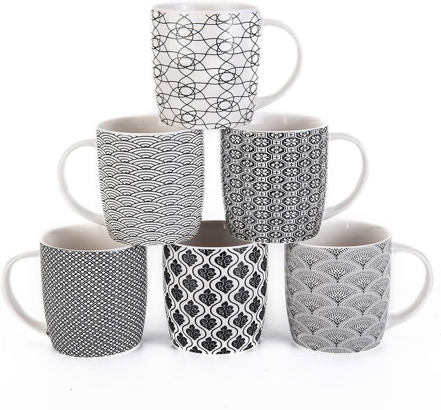 Machuma Set Of 6 11.5 Oz Coffee Mugs With Blue And White Geometric Patterns