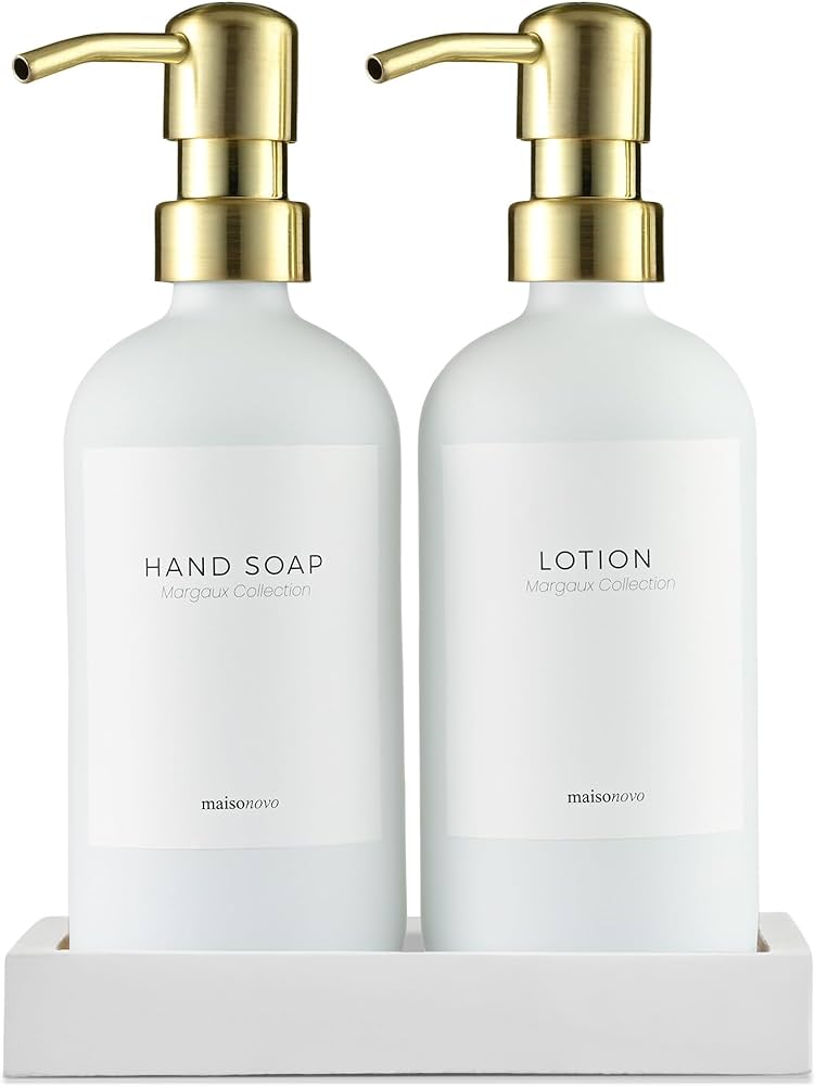 Maisonovo Soap And Lotion Dispenser Set | 16.9 Fl Oz White Hand Soap Dispenser Glass With Silver Pump X 2 + Concrete Tray : Home & Kitchen