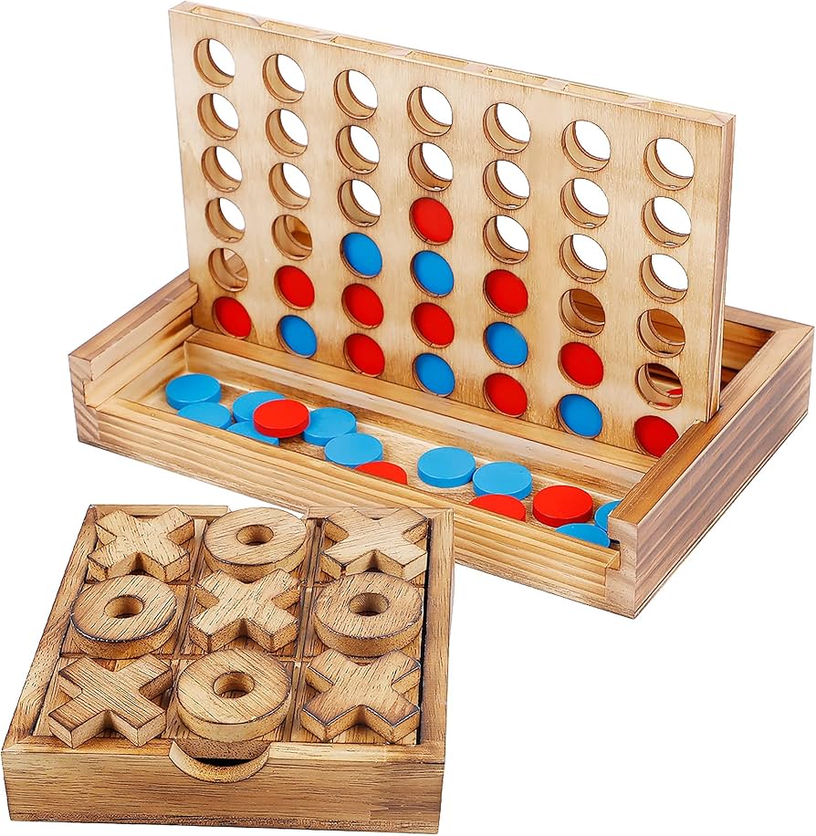 Glintoper Tic Tac Toe & 4 In A Row Table Games Set - Rustic Decor Wood Strategy Board Games For Families : Toys & Games