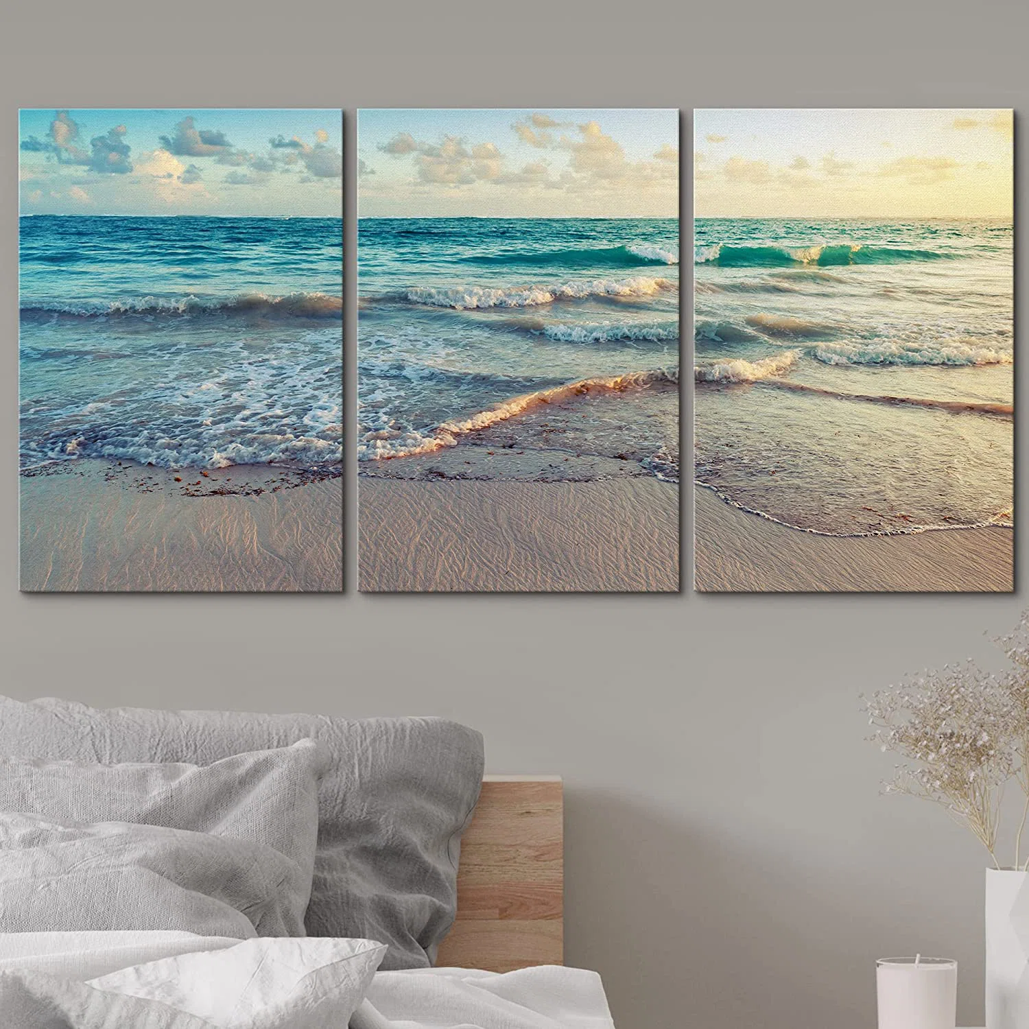 Coastal Beach Sunrise On Ocean Waves Crashing Bright Photo Framed Canvas 3 Pieces Print Wall Art