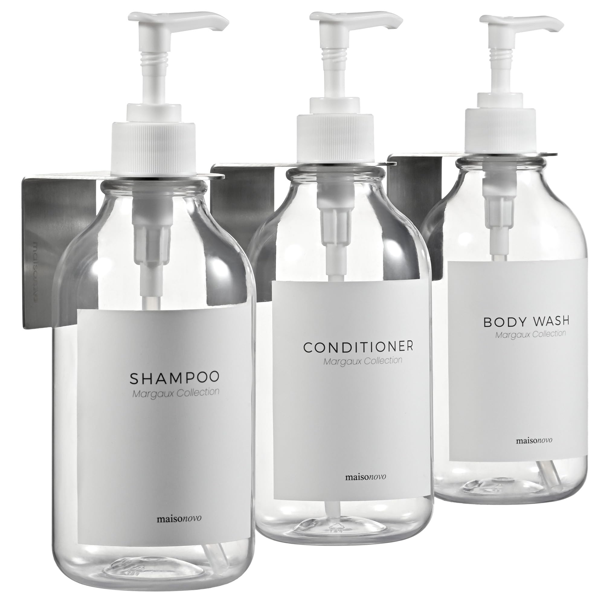 Maisonovo Shampoo And Conditioner Dispenser With Wall Mounts | 16.9 Fl Oz Set Of 3 Clear Plastic Bottles White Pump : Home & Kitchen