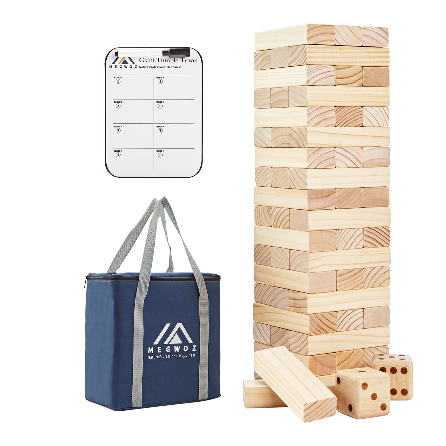 Megwoz Giant Tumble Tower Outdoor Games 57 Blocks Yard Games Stacking Games Includes 2 Dices Carrying Bag Scoreboard Stacking From 2ft To Over 4.2ft Outdoor Games For Adult And Family : Toys & Games