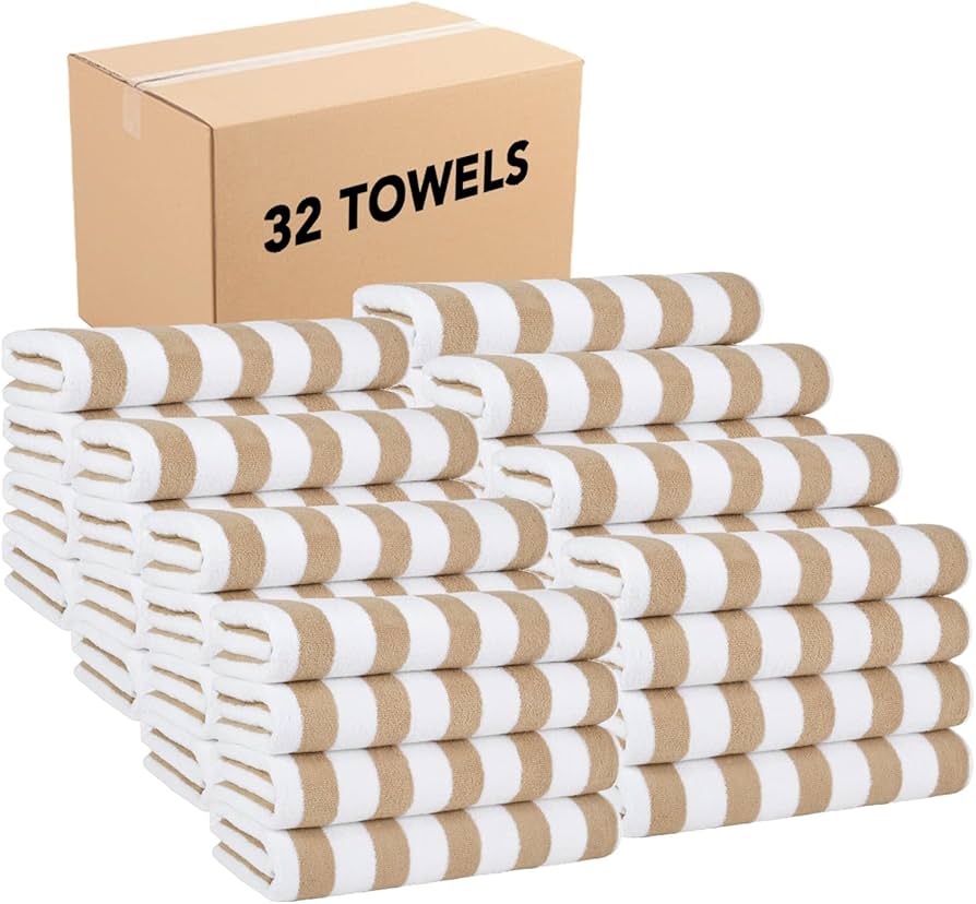 Arkwright Cali Cabana Stripe Beach Towel - Bulk Case Of 32 - Soft 100% Cotton Lightweight Quick Dry Terry Towels Set For Pool