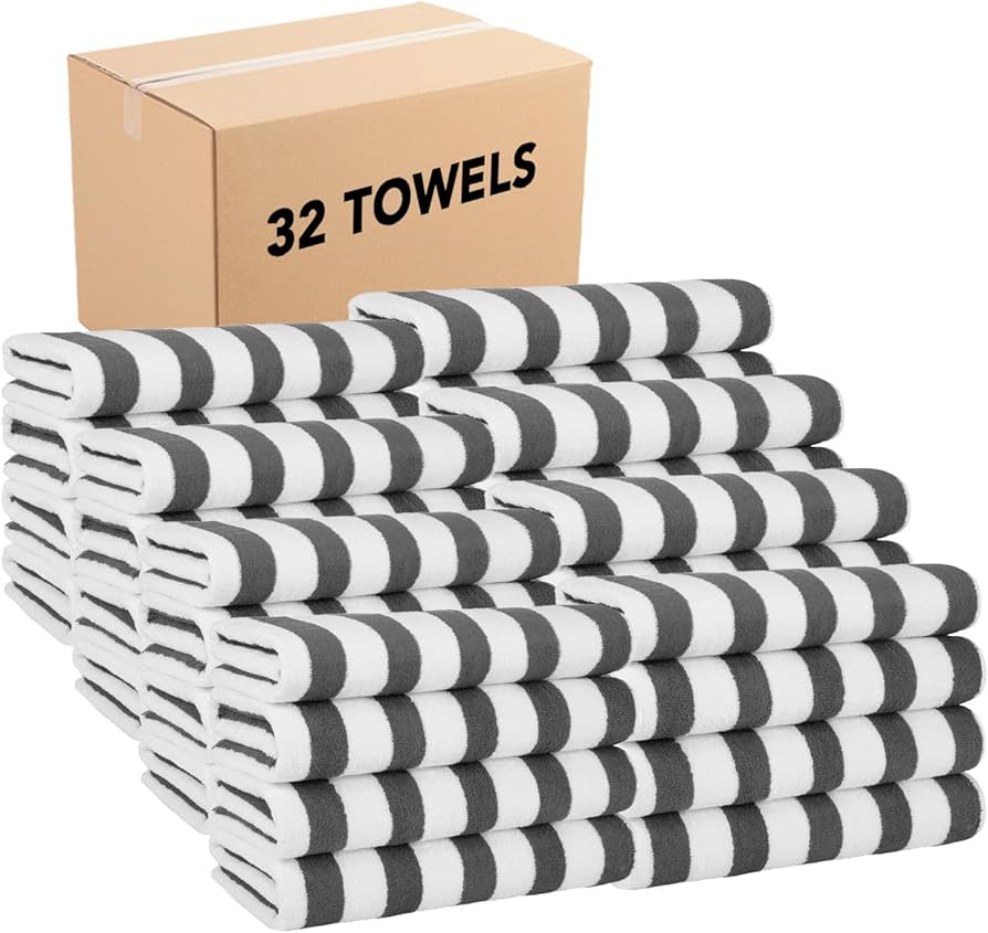 Arkwright Cali Cabana Stripe Beach Towel - Bulk Case Of 32 - Soft 100% Cotton Lightweight Quick Dry Terry Towels Set For Pool