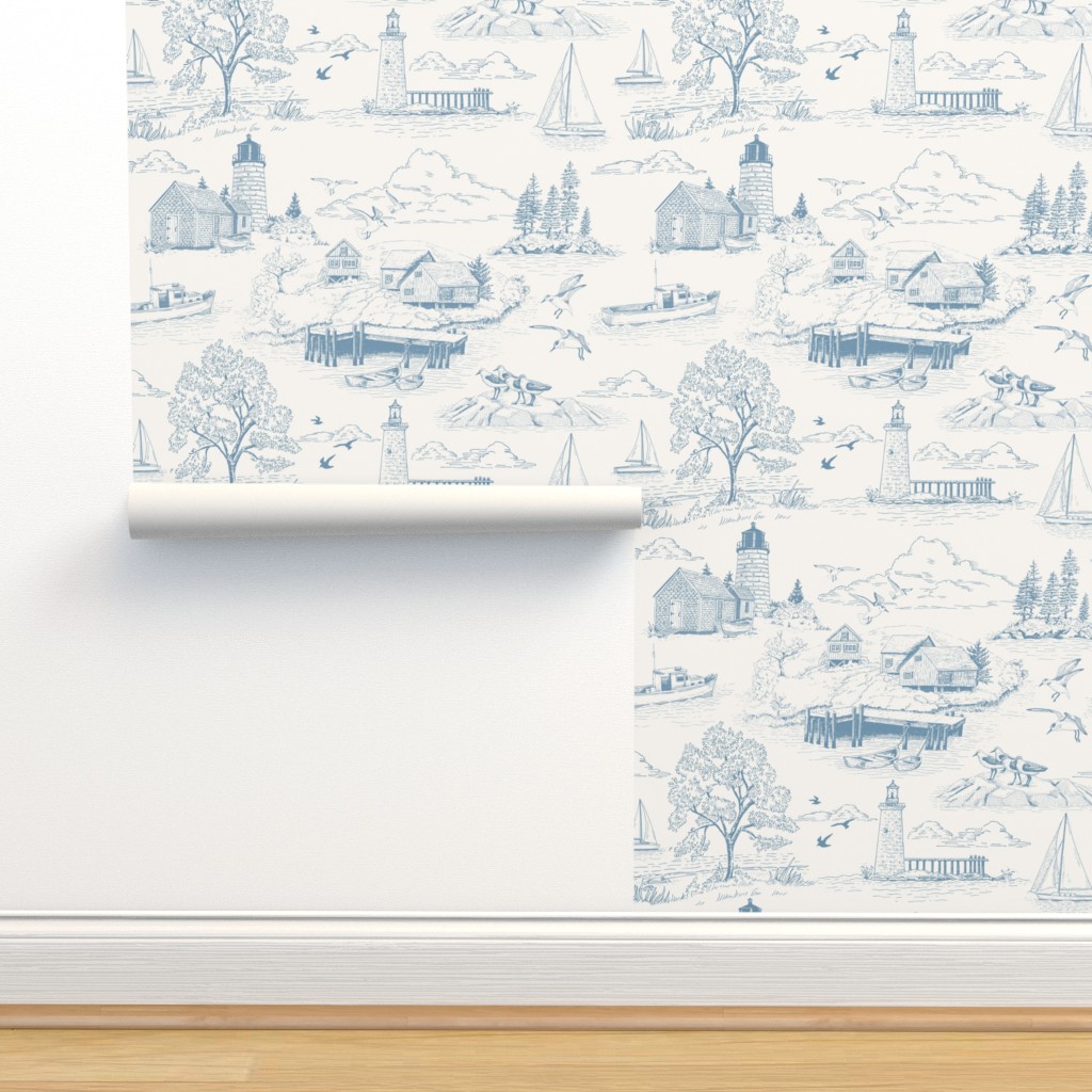 Seaside Toile In Blue Wallpaper