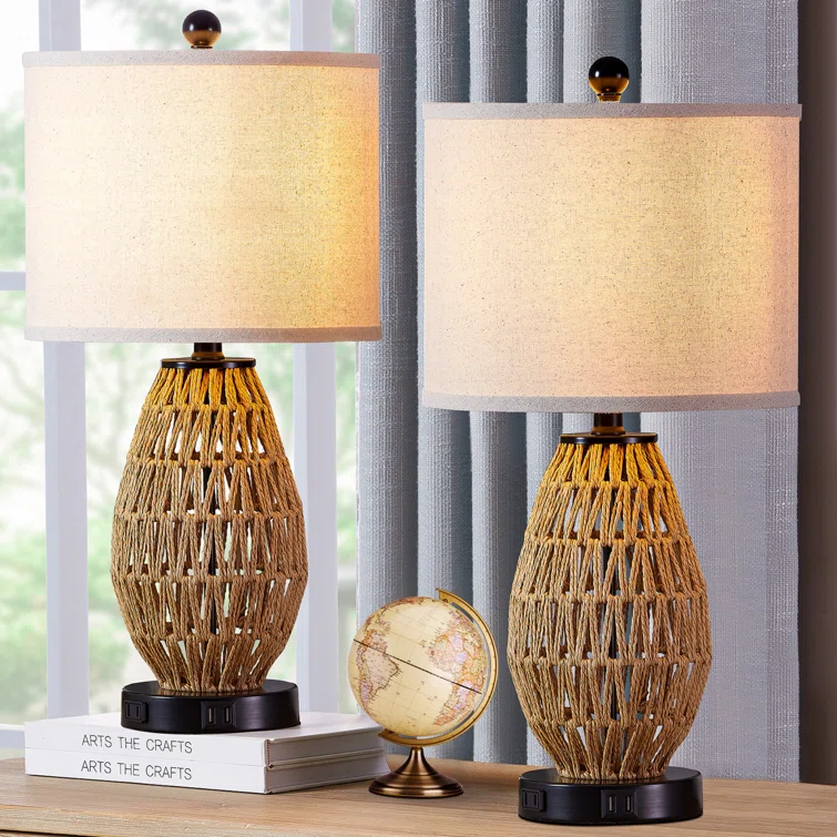 Adone 22.5 in. Rattan Table Lamp Set with Dual USB Ports and Built-In Outlets (Set of 2)