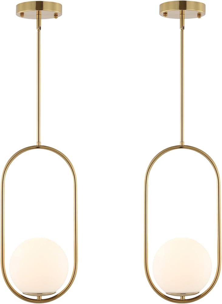 Byoliima Modern Gold Globe Pendant Light Mid Century Chandelier 1-light Brushed Brass Ceiling Hanging Lighting Fixture With White Globe Glass Lampshade For Kitchen Island Dining Room Bedroom (2 Pack)