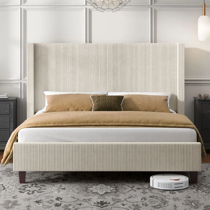 Wade Logan Wauseon Upholstered Bed Corduroysolid Wood Legno Box Spring Needednoise Free
