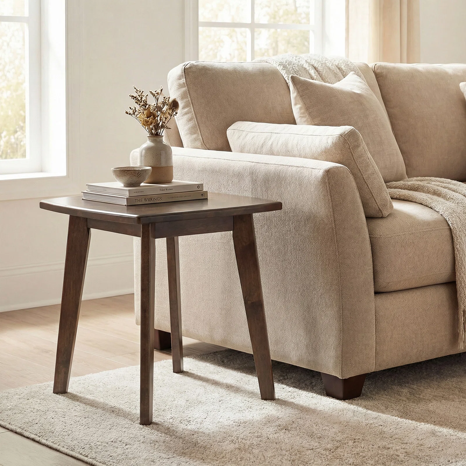 17'' Solid Wood Side Table w/Thickened Top & Curved Edge for Living Room Bedroom