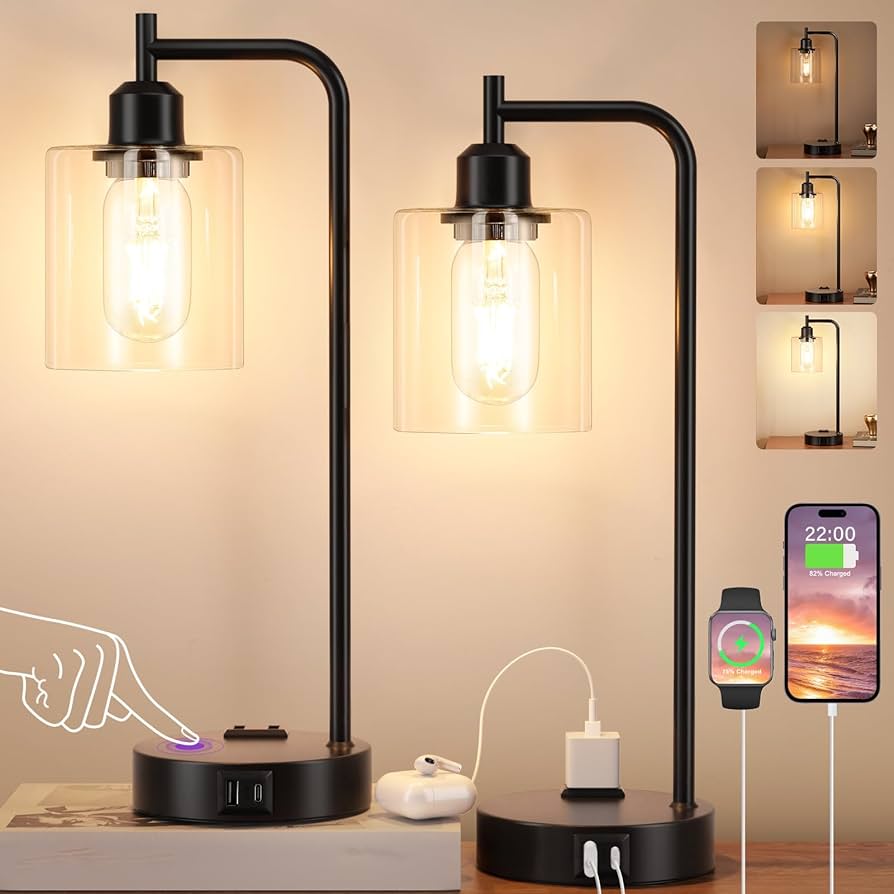 Set Of 2 Industrial Touch Control Table Lamps With 2 Usb Ports And Ac Outlet - 3-way Dimmable Black Bedside Lamps Nightstand Desk Lamps For Bedroom Living Room