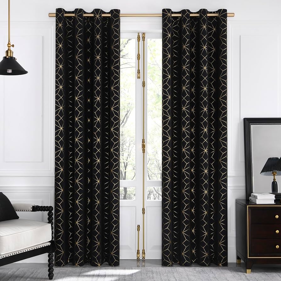 Beauoop 100% Blackout Curtains 84 Inches Long For Bedroom Living Room Moroccan Gold Patterned Drapes Thermal Insulated Grommet Top Window Treatment Panels Set Of 2