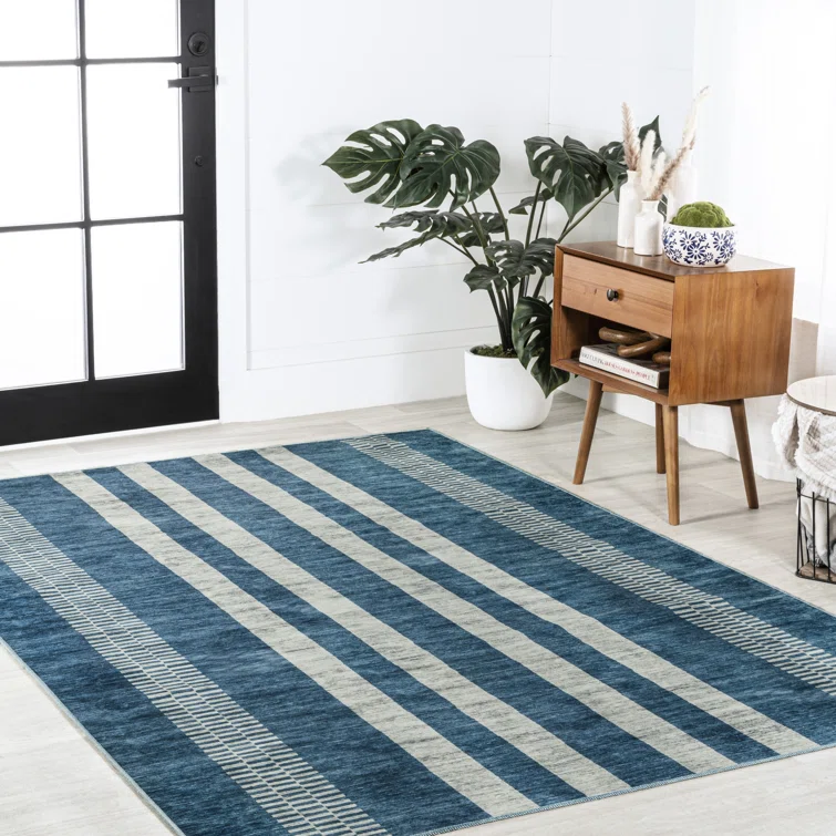 Breakwater Bay Ventress Striped Machine Woven Polypropylene Area Rug In Bluecream