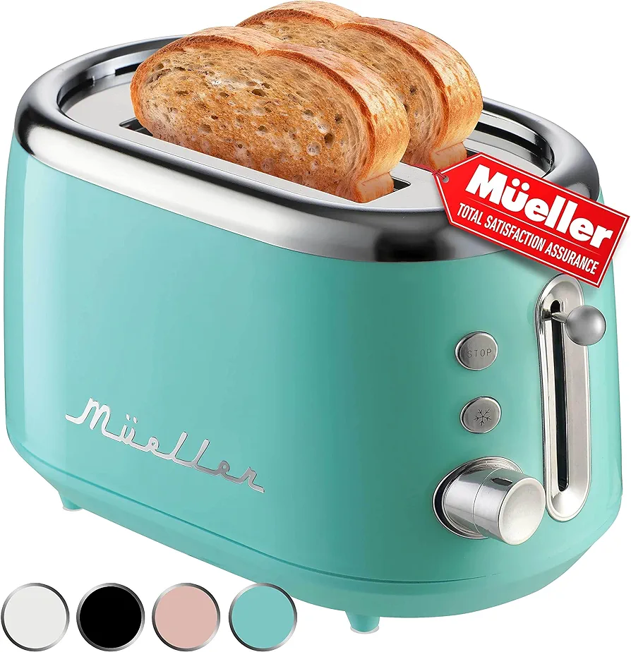 Mueller Retro Toaster 2 Slice With 7 Browning Levels And 3 Functions: Reheat